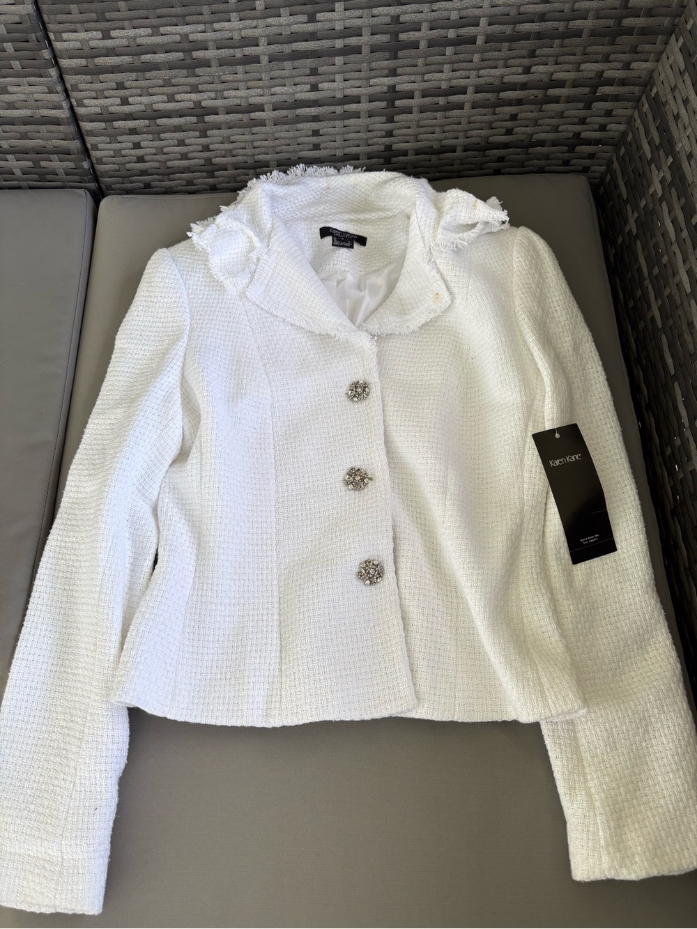 Karen Kane White Textured Bouclé Blazer with Jeweled Buttons